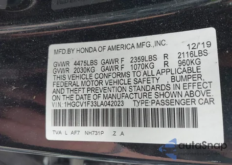 2020 Honda Accord Sport z USA, uszkodzony, nr VIN 1HGCV1F33LA042023